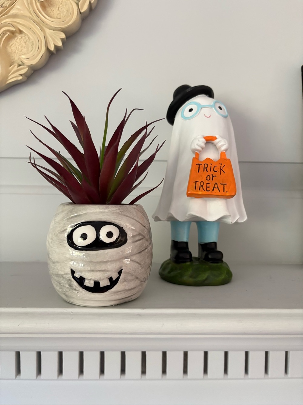 Whimsical Ghost Trick-or-Treat Ceramic Figurine -and mummy faux plant